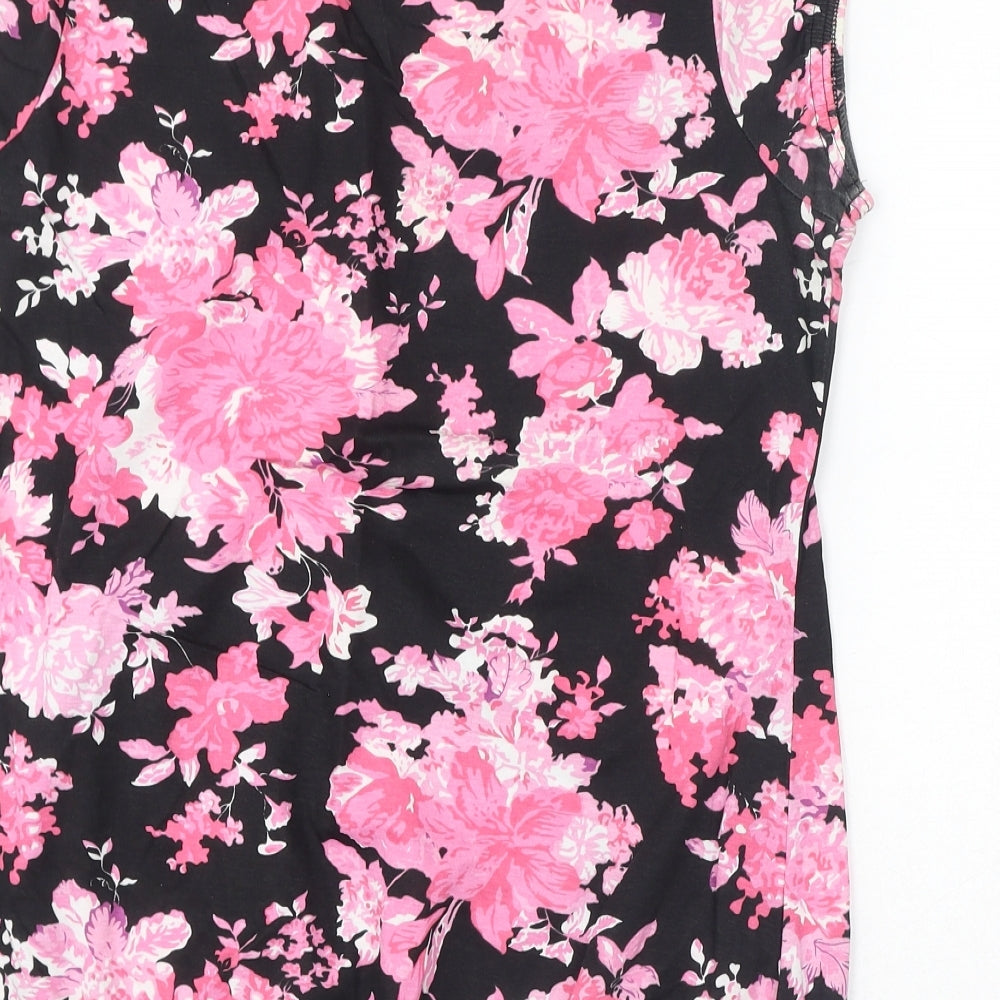 BHS Womens Black Floral Cotton Basic T-Shirt Size 16 Scoop Neck