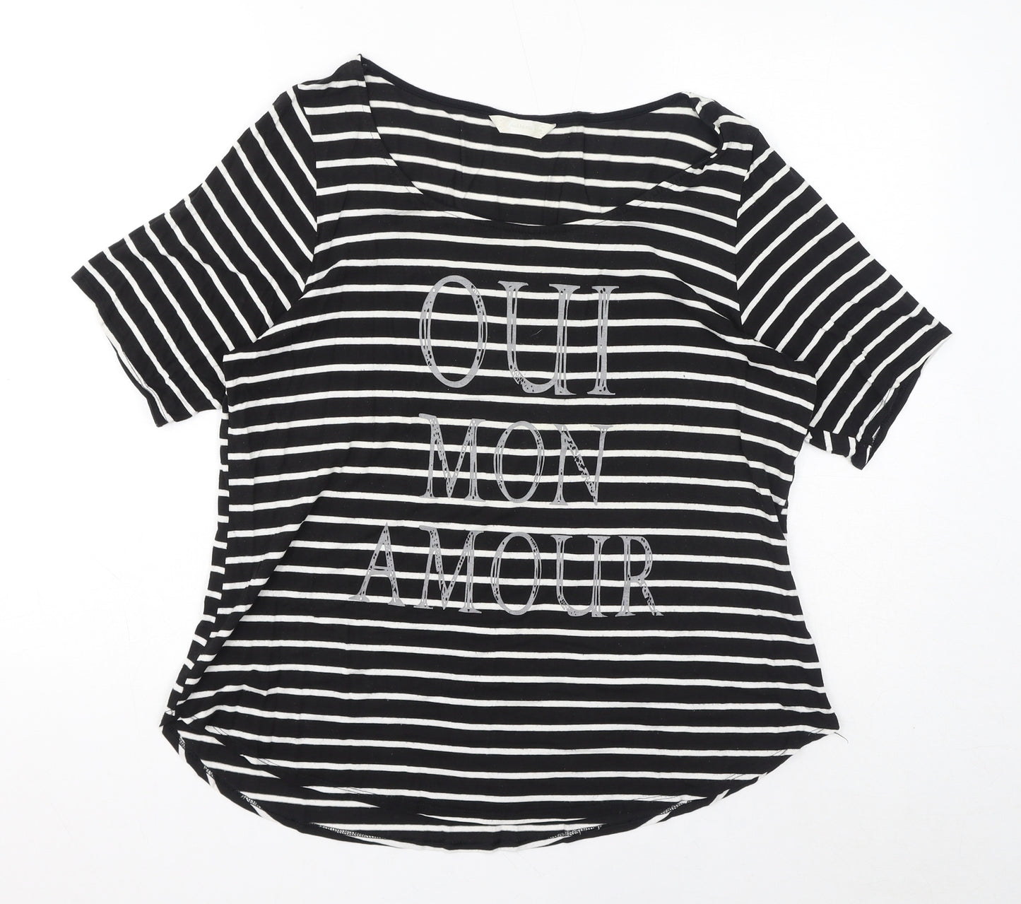 BHS Womens Black Striped Viscose Basic T-Shirt Size 16 Round Neck - Oui Mon Amour