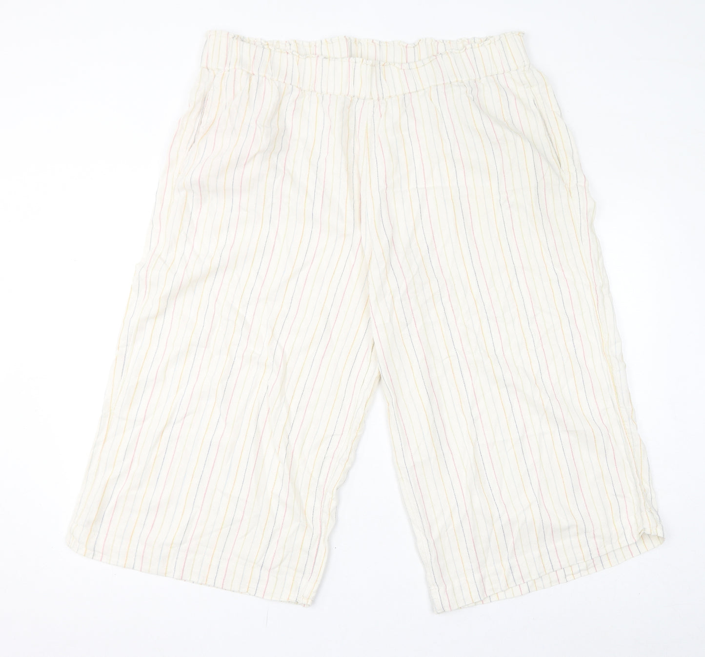 Marks and Spencer Womens Ivory Striped Linen Cropped Trousers Size 16 L21 in Regular