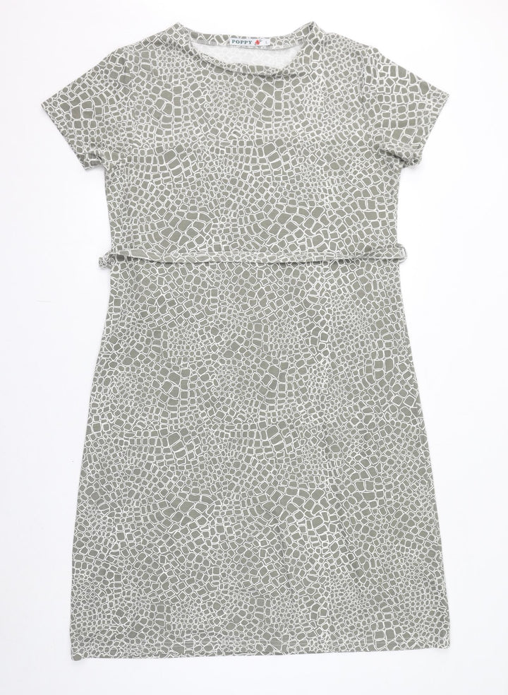 Poppy Womens Grey Geometric Polyester T-Shirt Dress Size L Round Neck Pullover