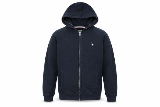 Front view of Jack Wills men’s blue cotton full zip hoodie, size S