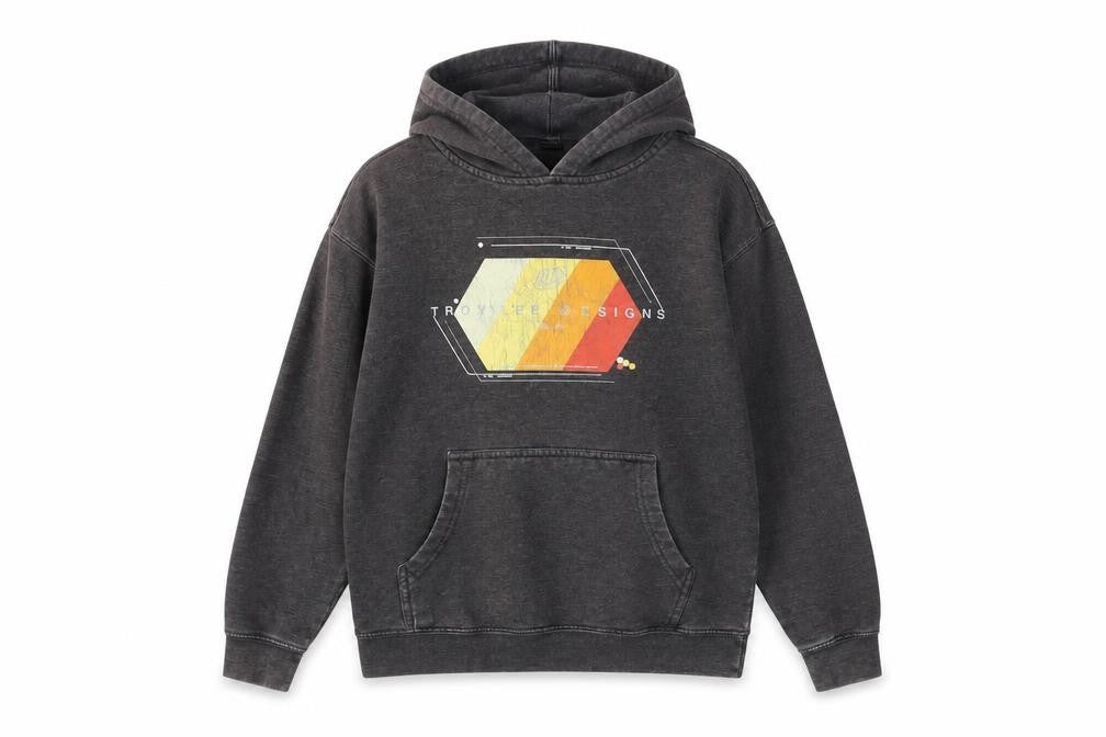 Front view of Troy Lee Designs boys’ grey polyester pullover hoodie, size M, pullover - logo