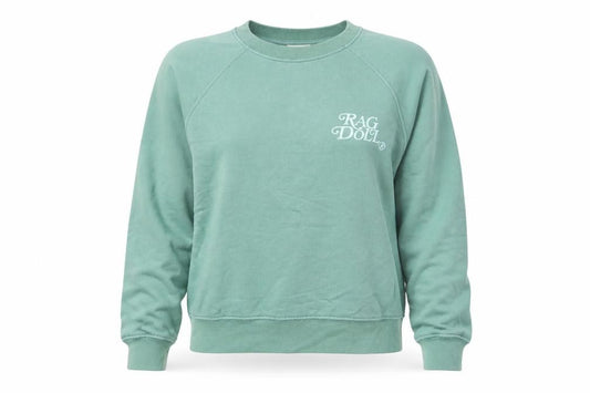 Front view of Ragdoll women’s green cotton pullover sweatshirt, size XS, pullover - logo