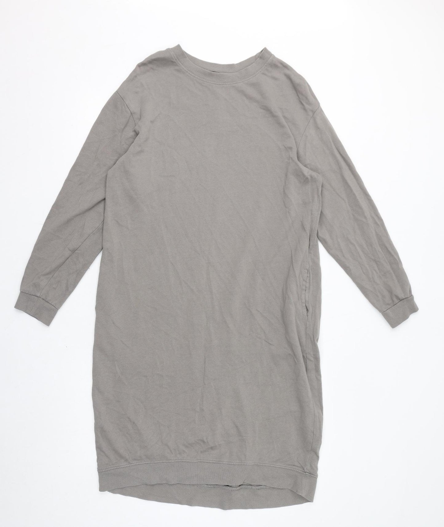 Zara Womens Grey Cotton Jumper Dress Size M Crew Neck Pullover - Pockets