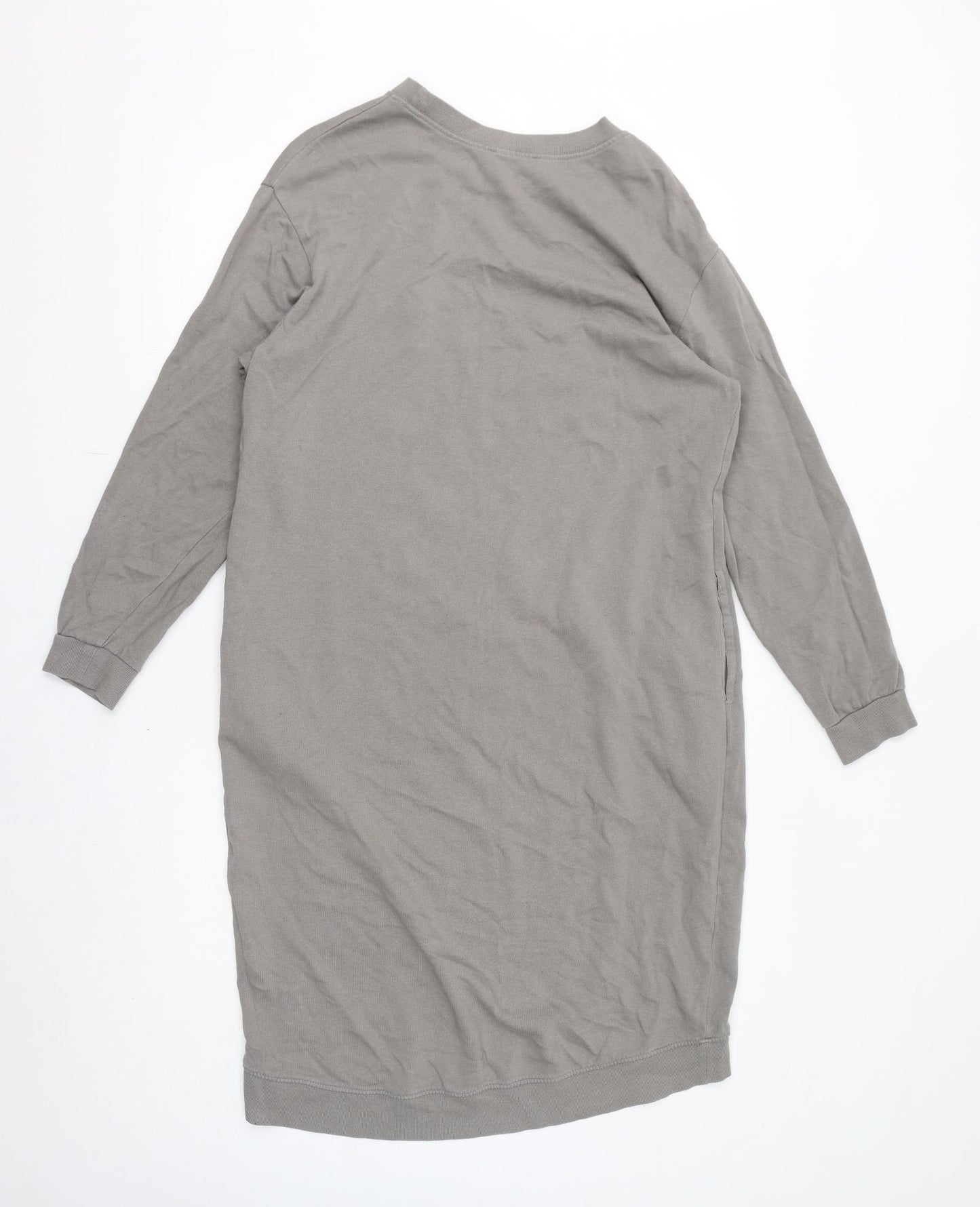 Zara Womens Grey Cotton Jumper Dress Size M Crew Neck Pullover - Pockets
