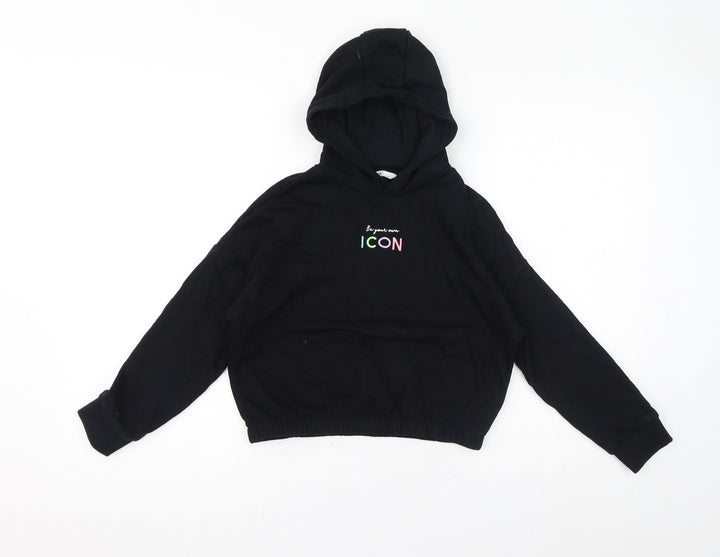 Marks and Spencer Girls Black Cotton Pullover Hoodie Size 9-10 Years Pullover - Be Your Own Icon, Cropped