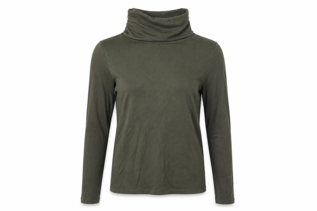 Front view of ASOS women’s green cotton pullover sweatshirt, size XS, pullover - roll neck