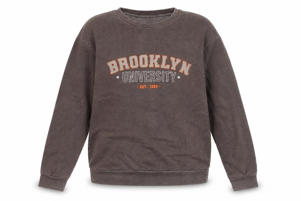 Front view of PRETTYLITTLETHING women’s brown polyester pullover sweatshirt, size S, pullover - brooklyn university