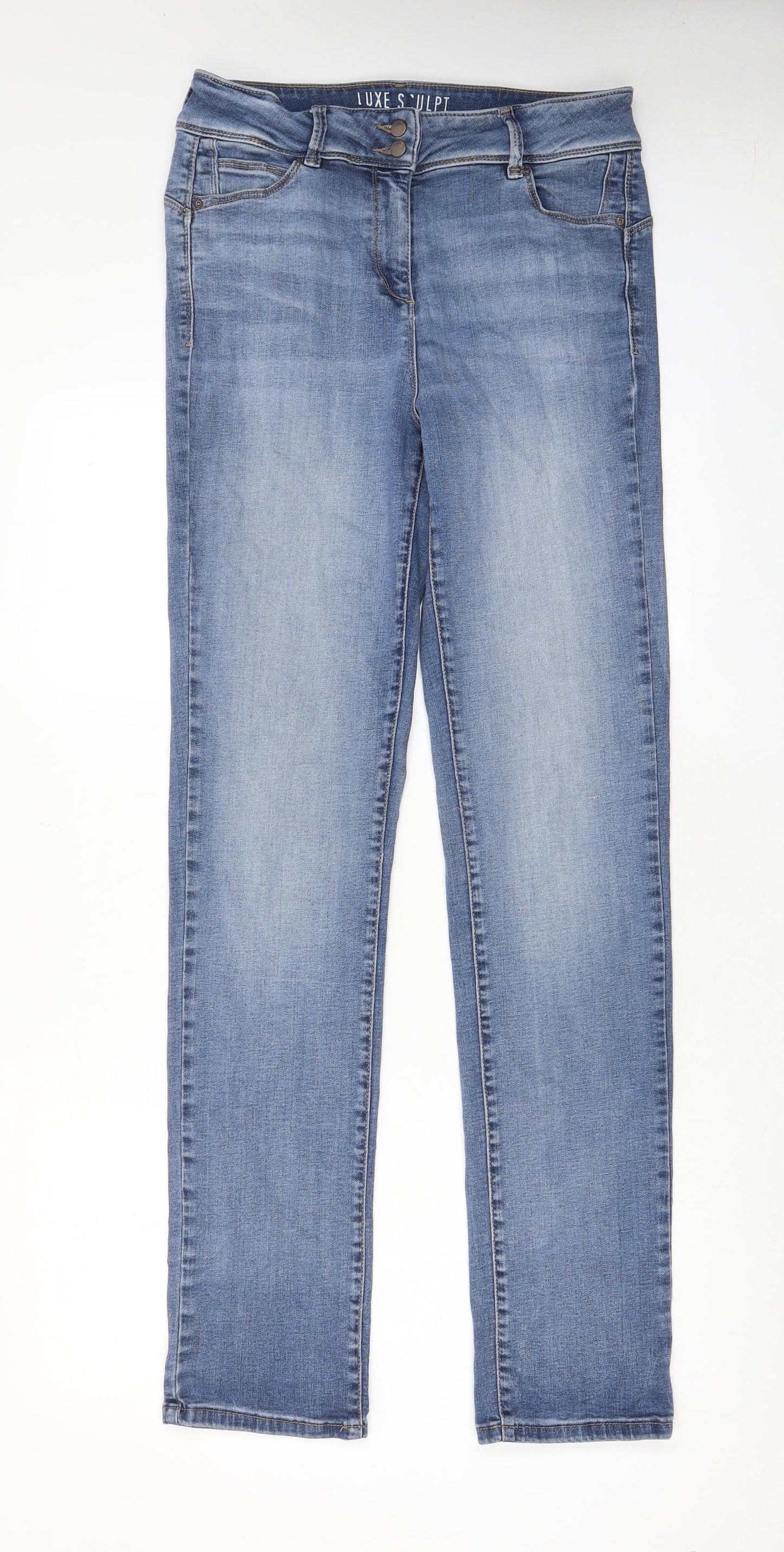 NEXT Womens Blue Cotton Straight Jeans Size 14 L33 in Regular Zip - Pockets