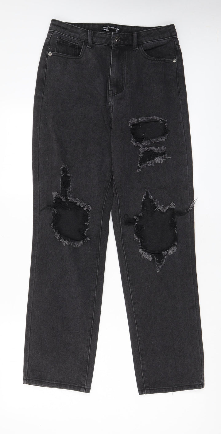 PRETTYLITTLETHING Womens Grey Cotton Straight Jeans Size 8 L29 in Regular Zip - Pockets
