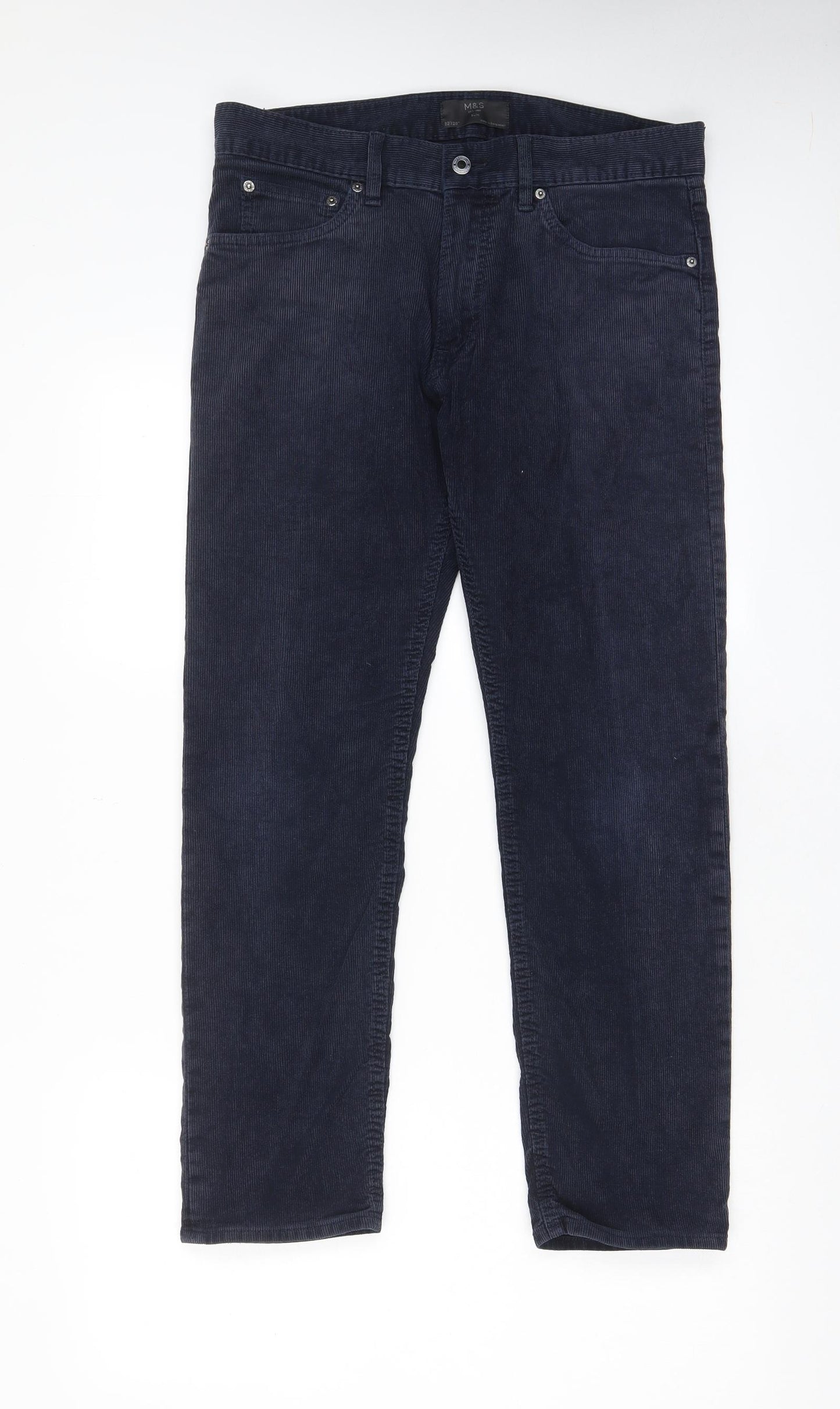 Marks and Spencer Mens Blue Cotton Trousers Size 32 in L29 in Slim Zip - Short Leg, Pockets