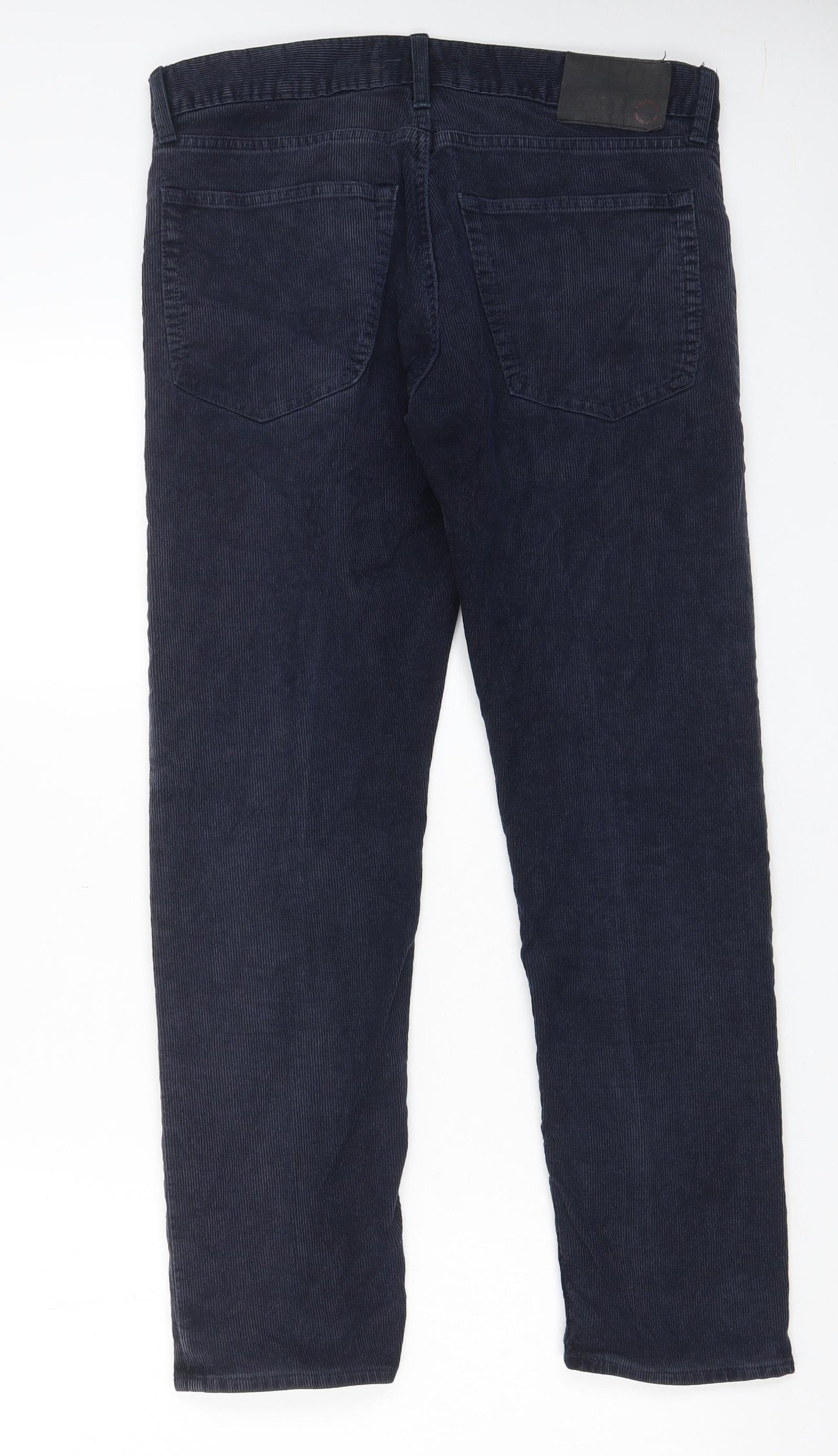 Marks and Spencer Mens Blue Cotton Trousers Size 32 in L29 in Slim Zip - Short Leg, Pockets