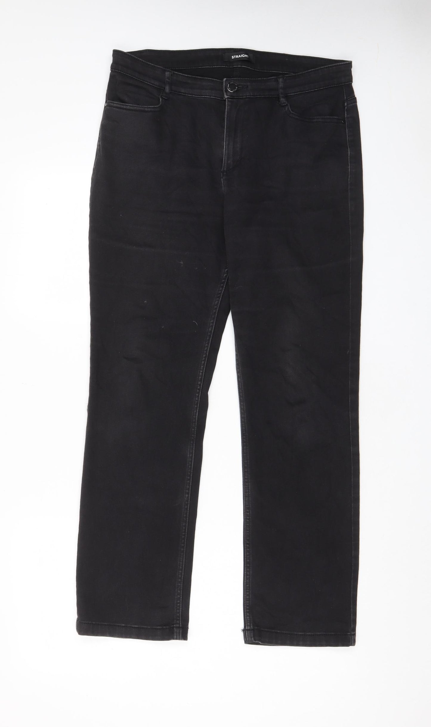 Marks and Spencer Womens Grey Cotton Straight Jeans Size 14 L28 in Regular Zip - Pockets