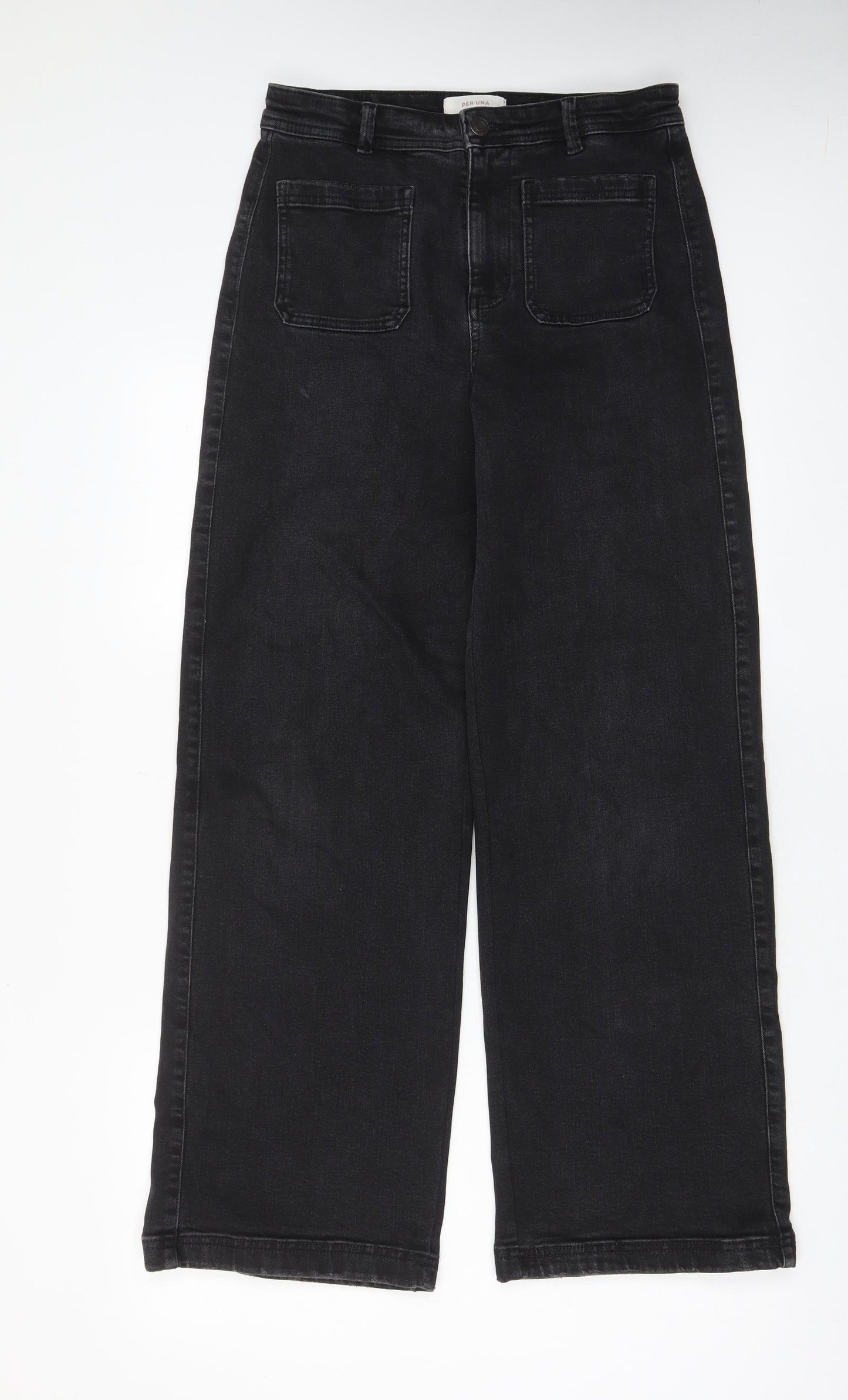 Per Una Womens Black Cotton Wide-Leg Jeans Size 10 L30 in Regular Zip - Pockets