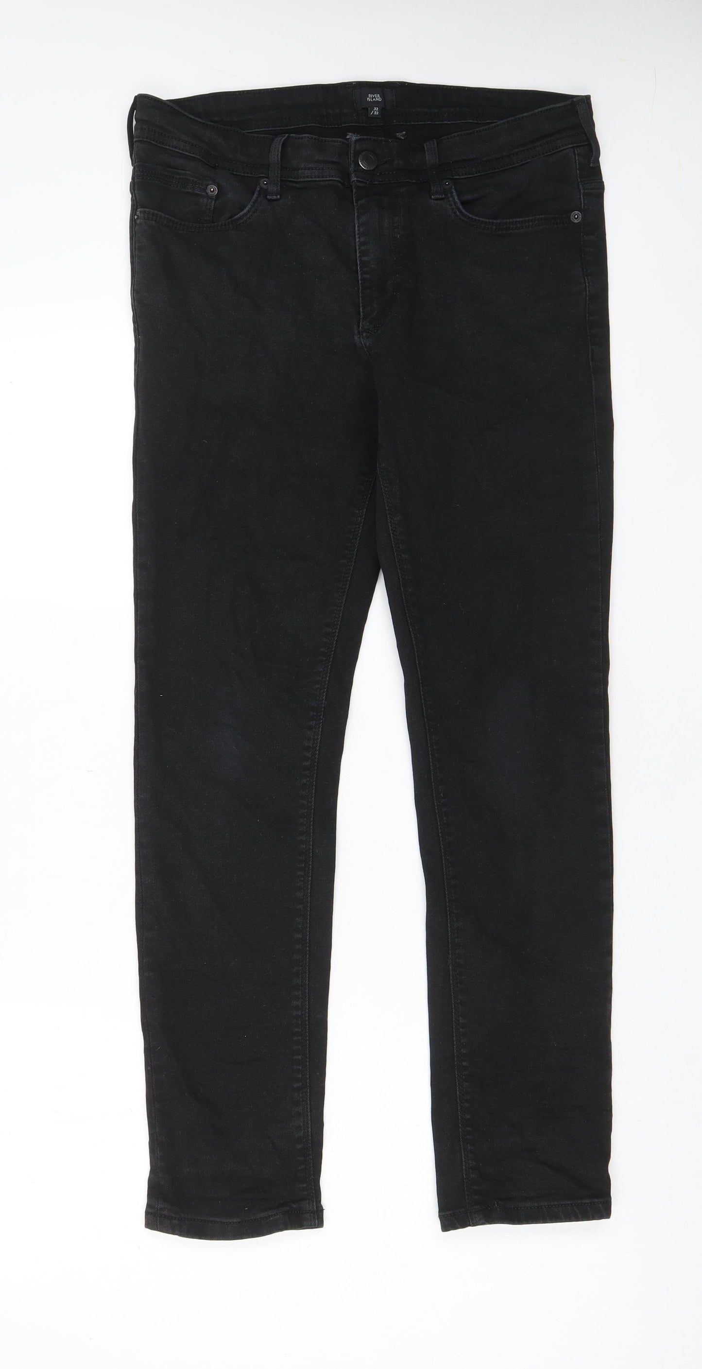 River Island Mens Black Cotton Skinny Jeans Size 32 in L32 in Regular Zip - Pockets