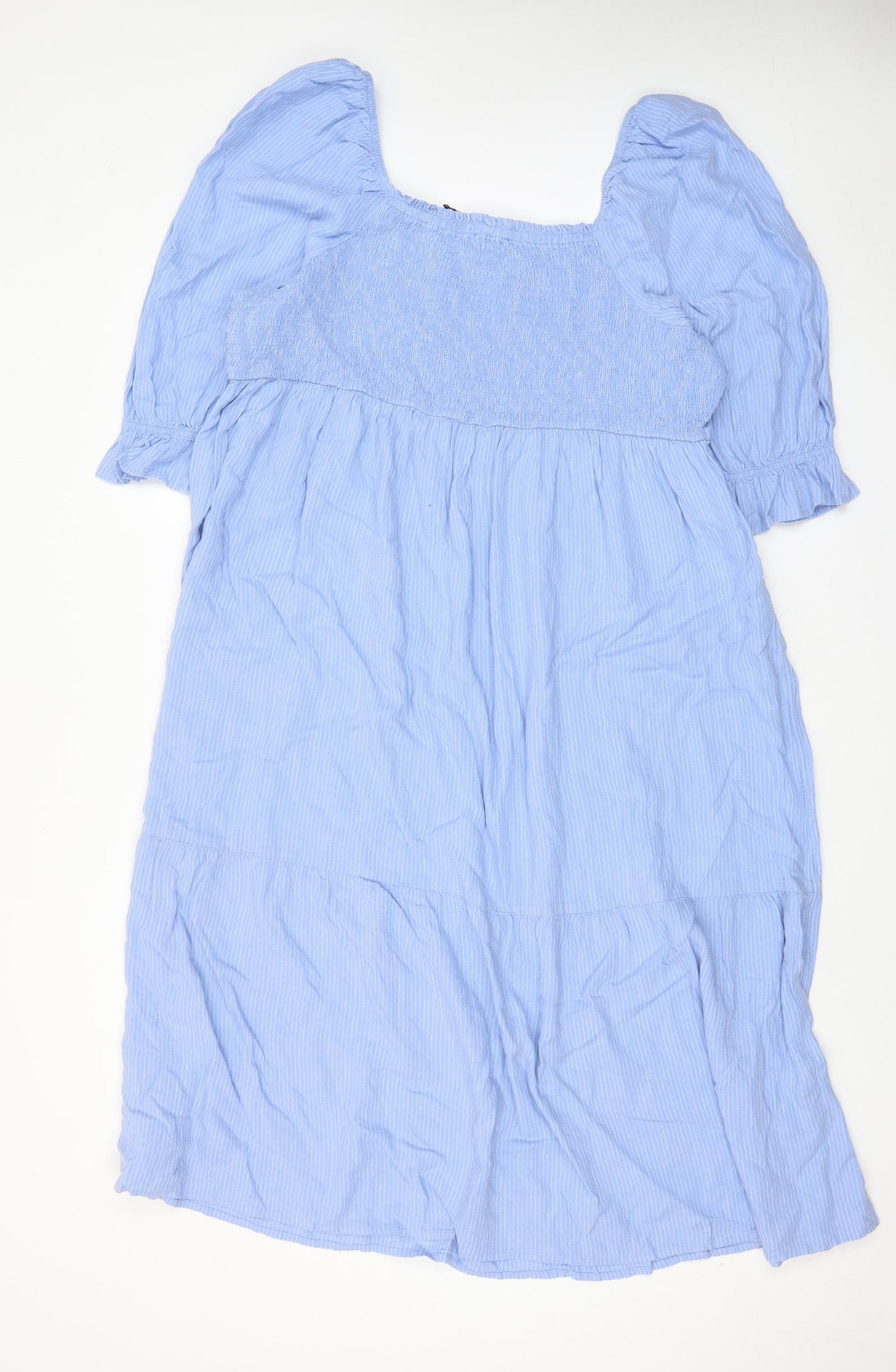 Marks and Spencer Womens Blue Striped Linen A-Line Size 22 Square Neck Pullover - Pleated