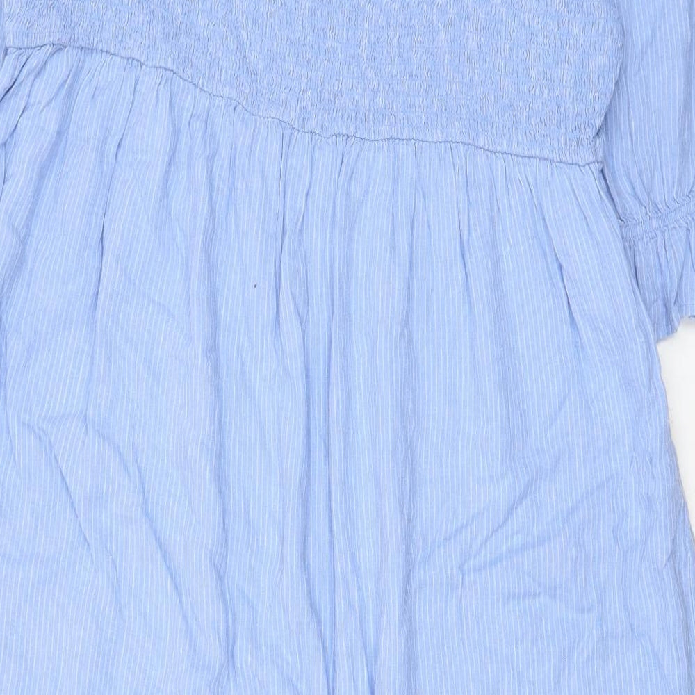 Marks and Spencer Womens Blue Striped Linen A-Line Size 22 Square Neck Pullover - Pleated