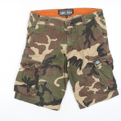 Criminal Damage Mens Green Camouflage Cotton Bermuda Shorts Size 32 in L12 in Regular Zip - Pockets