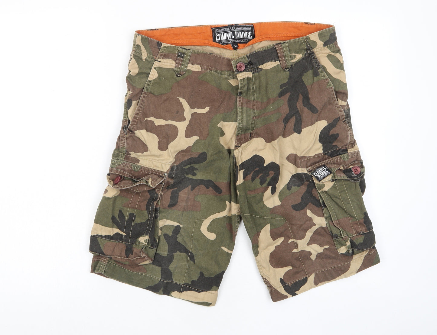 Criminal Damage Mens Green Camouflage Cotton Bermuda Shorts Size 32 in L12 in Regular Zip - Pockets