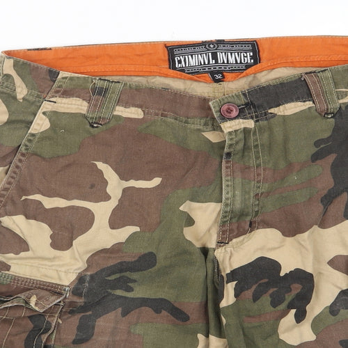 Criminal Damage Mens Green Camouflage Cotton Bermuda Shorts Size 32 in L12 in Regular Zip - Pockets