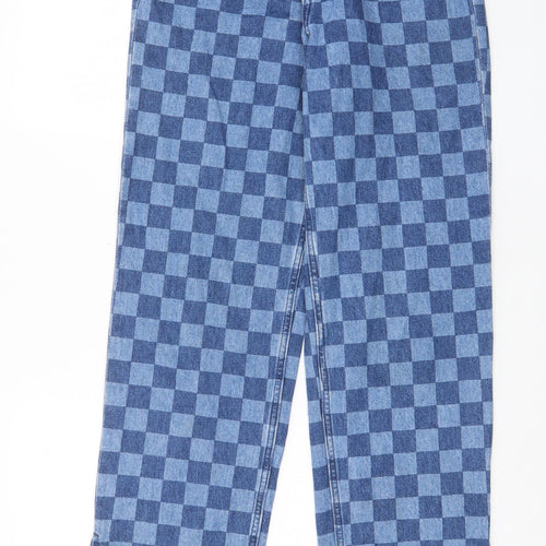 H&M Womens Blue Check Cotton Straight Jeans Size 6 L32 in Regular Zip - Pockets