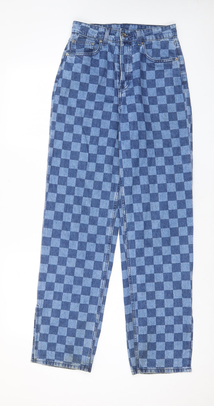 H&M Womens Blue Check Cotton Straight Jeans Size 6 L32 in Regular Zip - Pockets