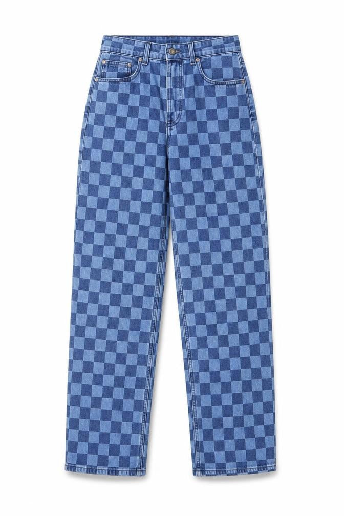 H&M Womens Blue Check Cotton Straight Jeans Size 6 L32 in Regular Zip - Pockets