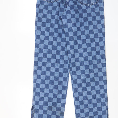 H&M Womens Blue Check Cotton Straight Jeans Size 6 L32 in Regular Zip - Pockets