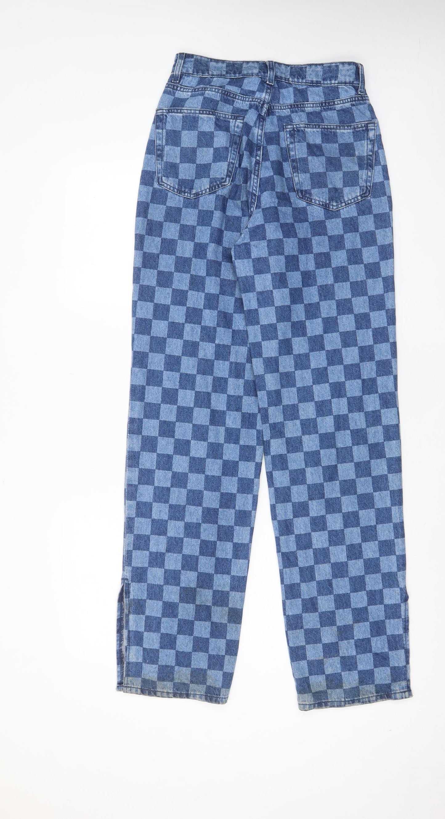H&M Womens Blue Check Cotton Straight Jeans Size 6 L32 in Regular Zip - Pockets