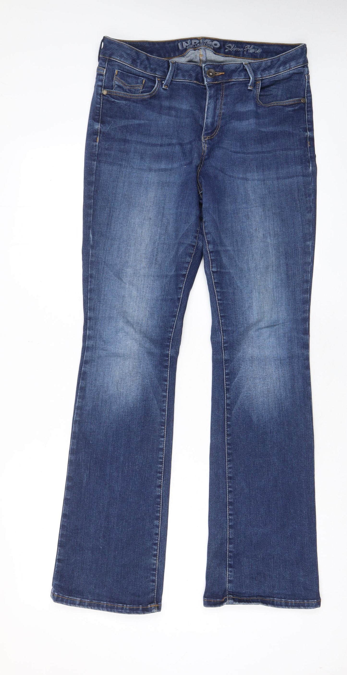 Indigo Womens Blue Cotton Flared Jeans Size 14 L32 in Slim Zip - Pockets