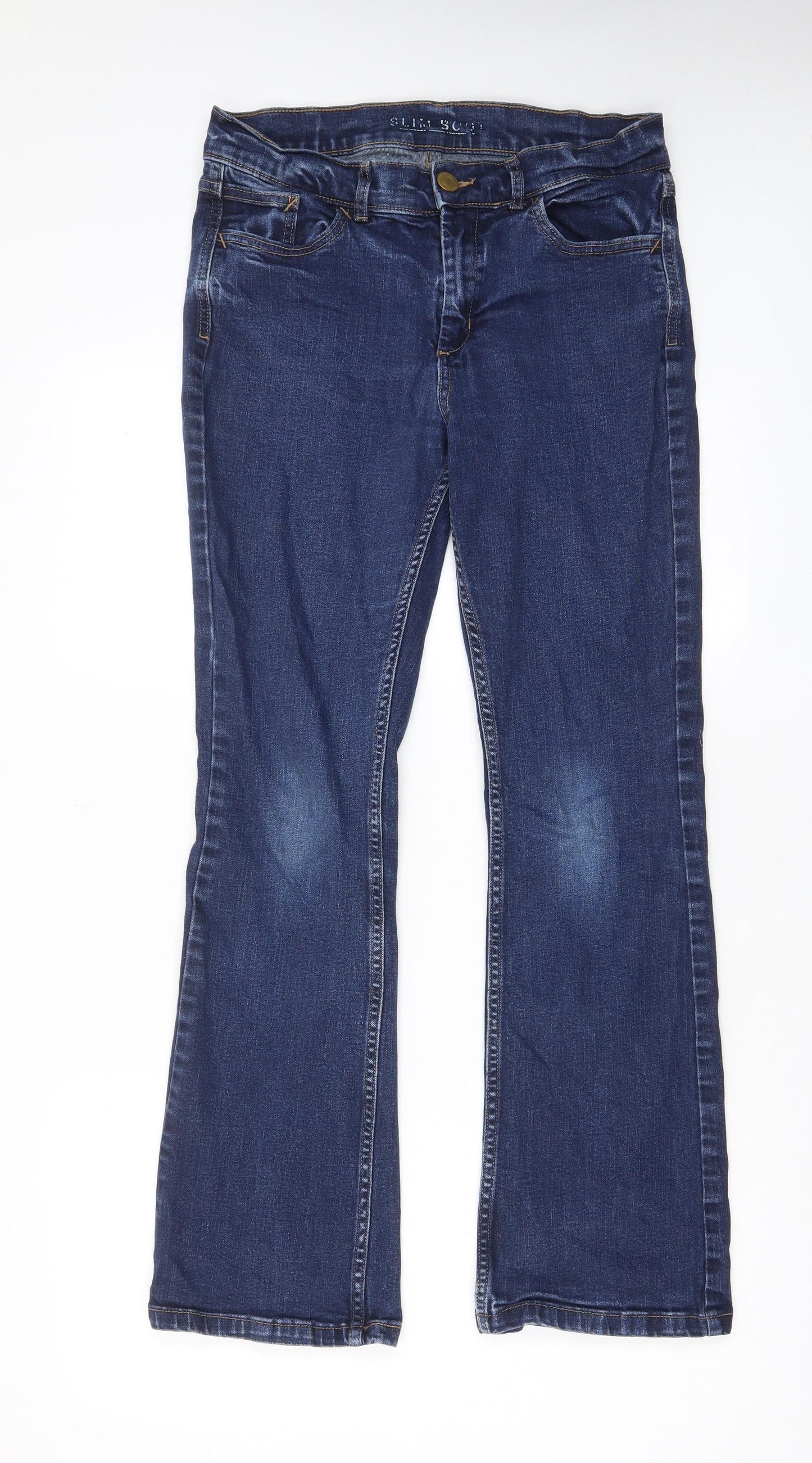 Marks and Spencer Womens Blue Cotton Bootcut Jeans Size 12 L29 in Slim Zip - Pockets