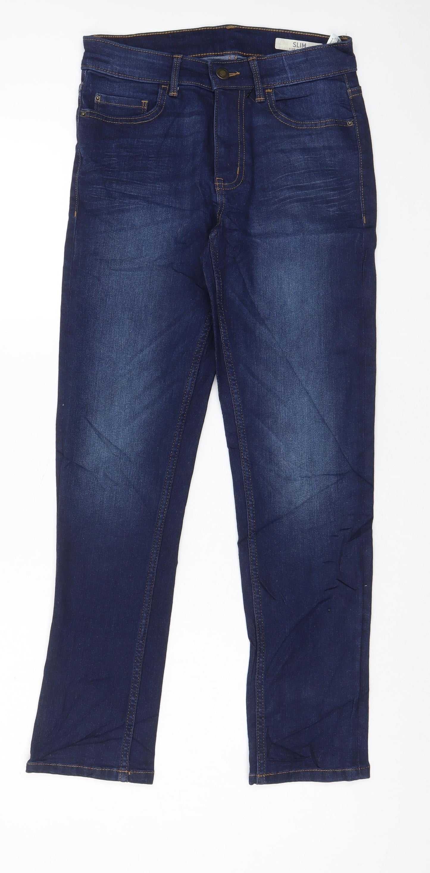 Marks and Spencer Womens Blue Cotton Straight Jeans Size 8 L26 in Slim Zip - Pockets