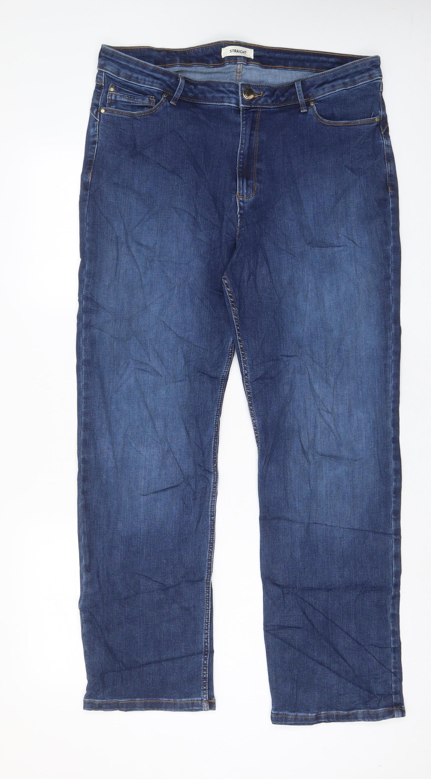 Marks and Spencer Womens Blue Cotton Straight Jeans Size 18 L30 in Regular Zip - Pockets