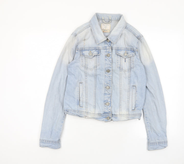 Stradivarius Womens Blue Jacket Size M Button - Distressed, Pockets