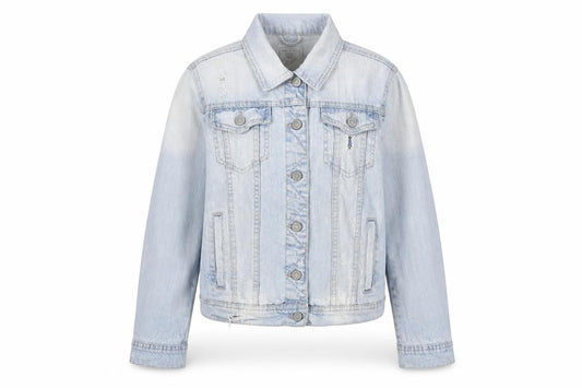Front view of Stradivarius women’s blue jacket, size M, button - distressed, pockets