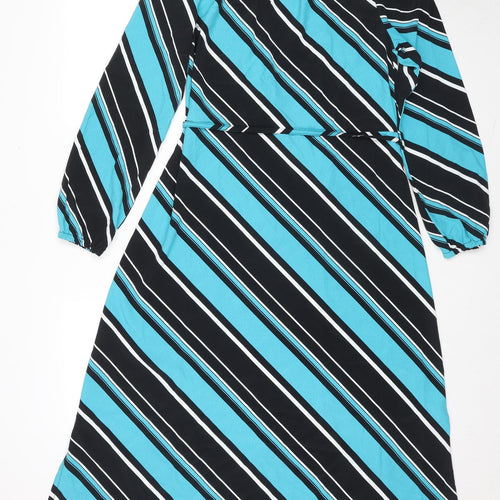 Marks and Spencer Womens Blue Striped Polyester Maxi Size 8 Round Neck Button