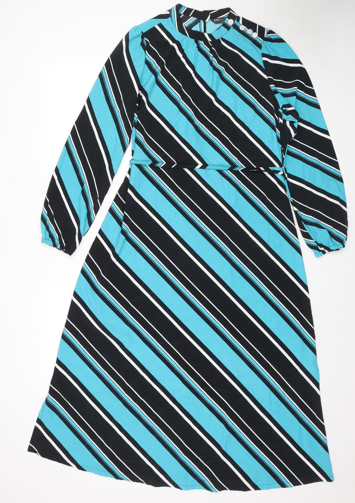 Marks and Spencer Womens Blue Striped Polyester Maxi Size 8 Round Neck Button