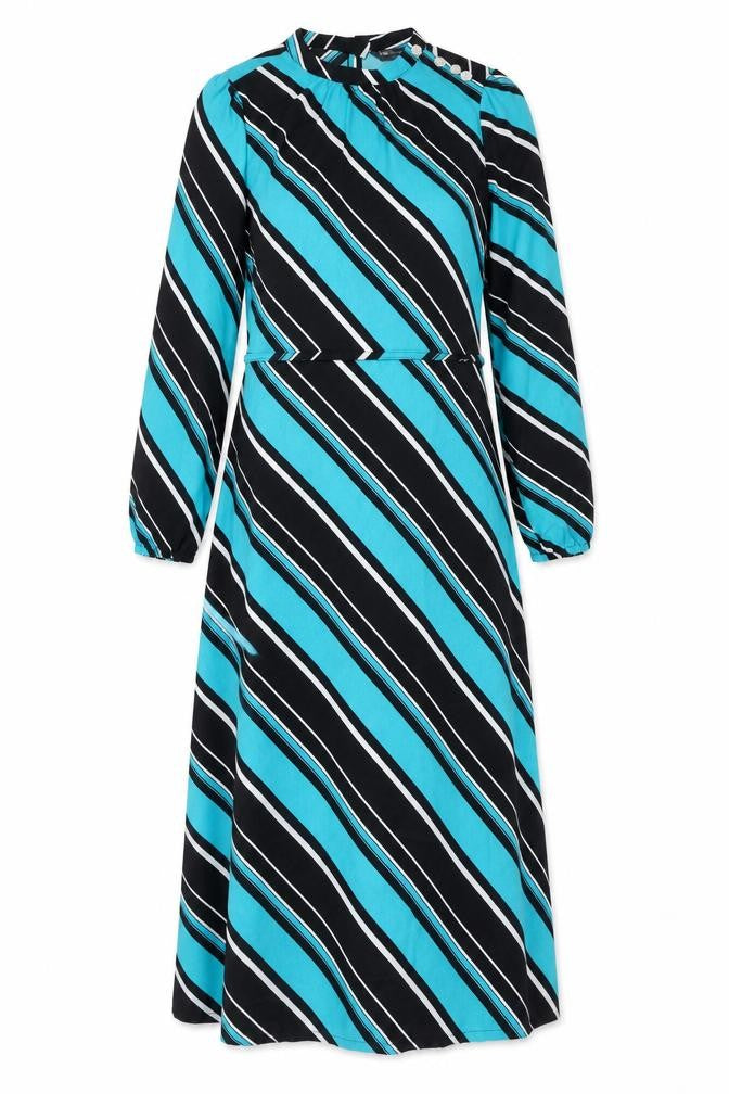 Front view of Marks & Spencer women’s blue striped polyester maxi, size UK 8, round neck button