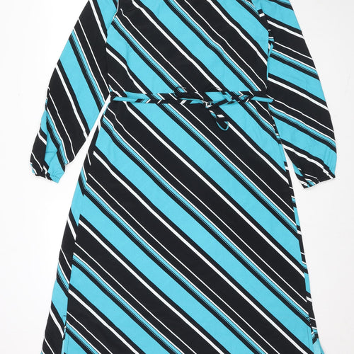 Marks and Spencer Womens Blue Striped Polyester Maxi Size 8 Round Neck Button