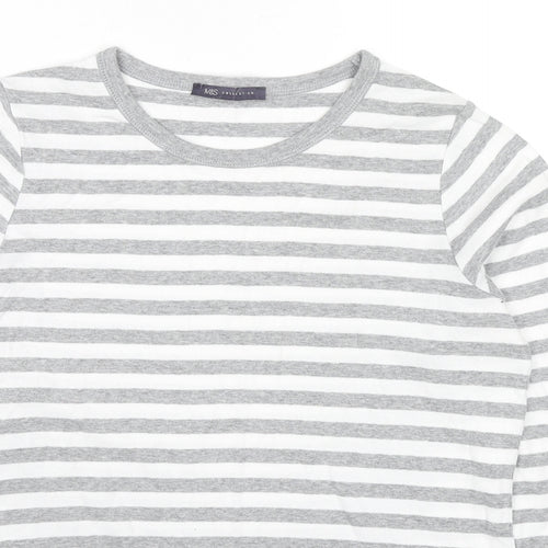Marks and Spencer Womens Grey Striped Cotton Basic T-Shirt Size 16 Round Neck