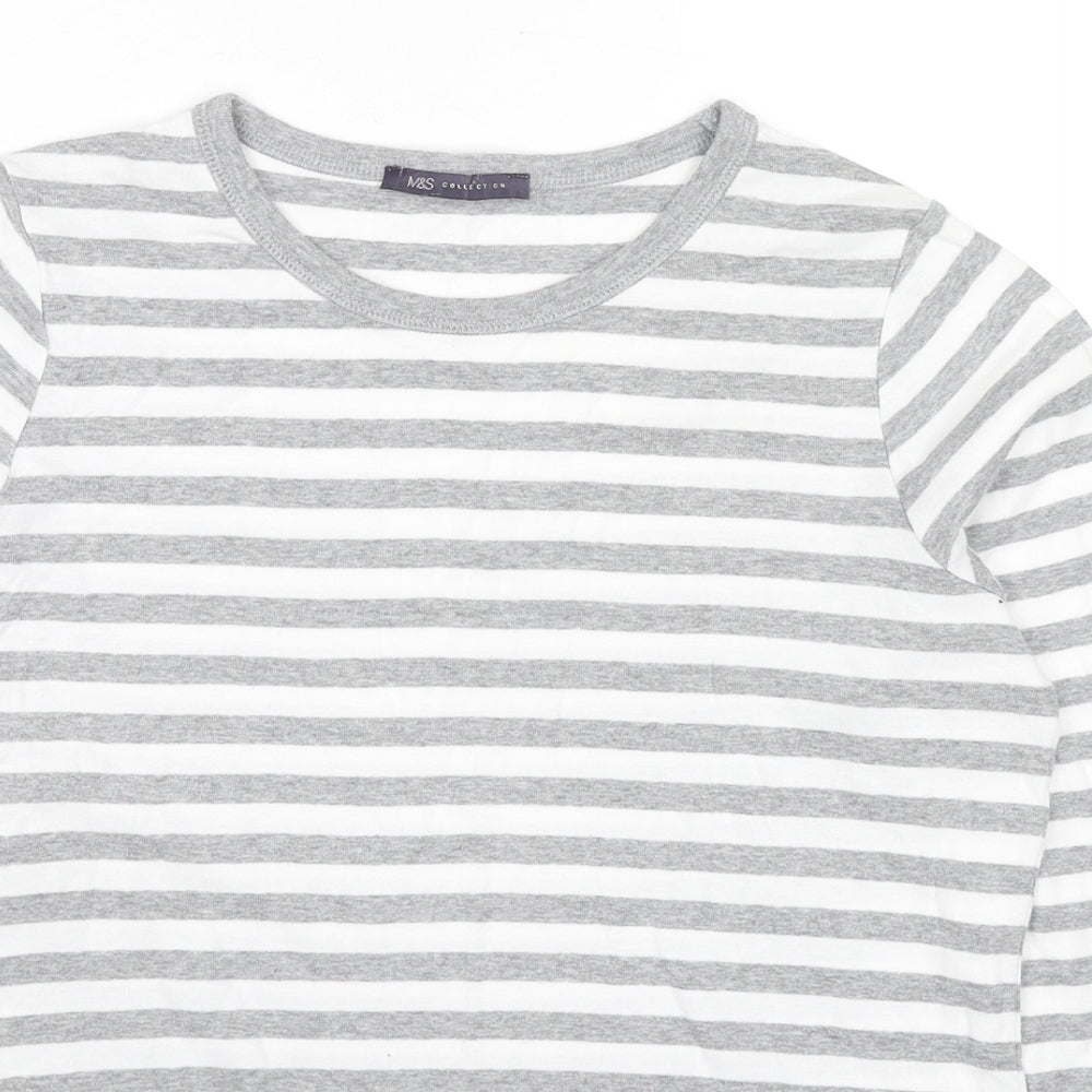 Marks and Spencer Womens Grey Striped Cotton Basic T-Shirt Size 16 Round Neck