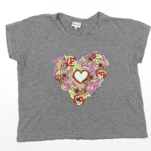 BIMBA Y LOLA Womens Grey Cotton Basic T-Shirt Size M Round Neck - Hearts Flowers