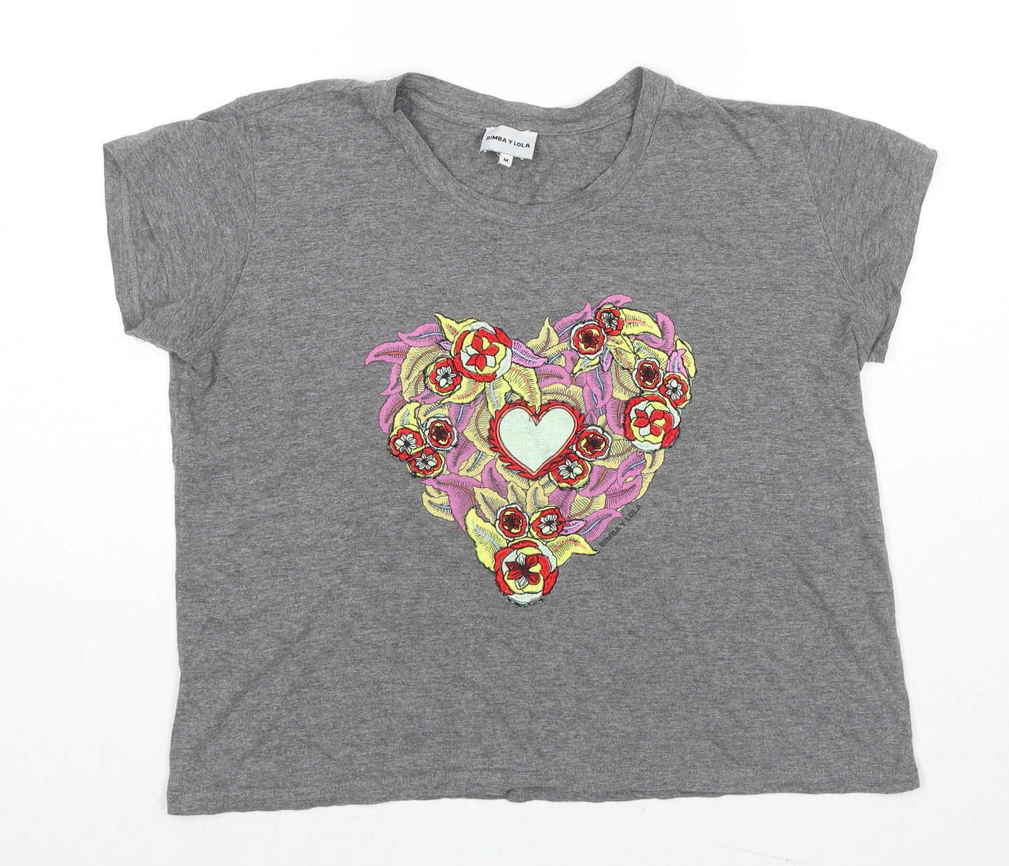 BIMBA Y LOLA Womens Grey Cotton Basic T-Shirt Size M Round Neck - Hearts Flowers