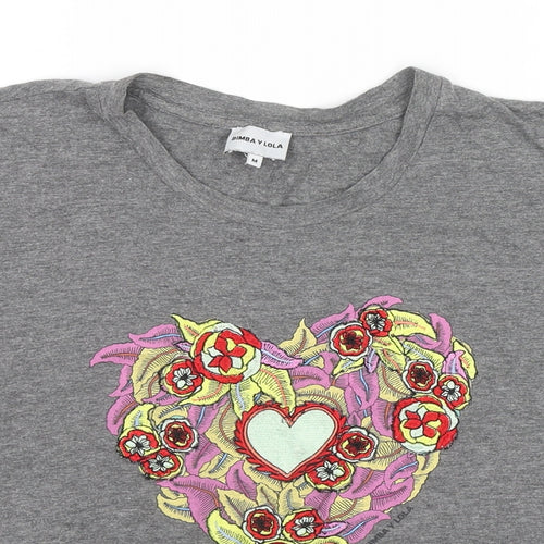 BIMBA Y LOLA Womens Grey Cotton Basic T-Shirt Size M Round Neck - Hearts Flowers