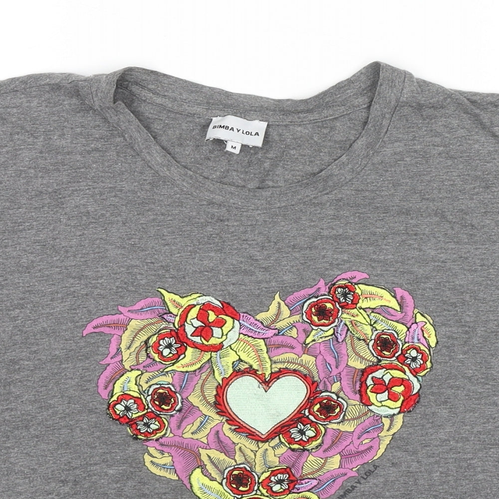 BIMBA Y LOLA Womens Grey Cotton Basic T-Shirt Size M Round Neck - Hearts Flowers