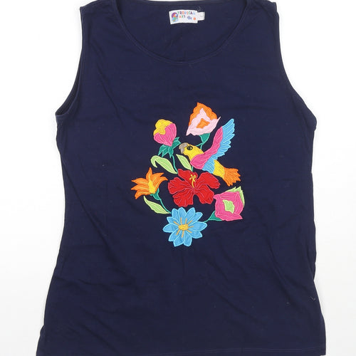 Tropical Art Womens Blue Cotton Basic Tank Size L Round Neck - Flowers