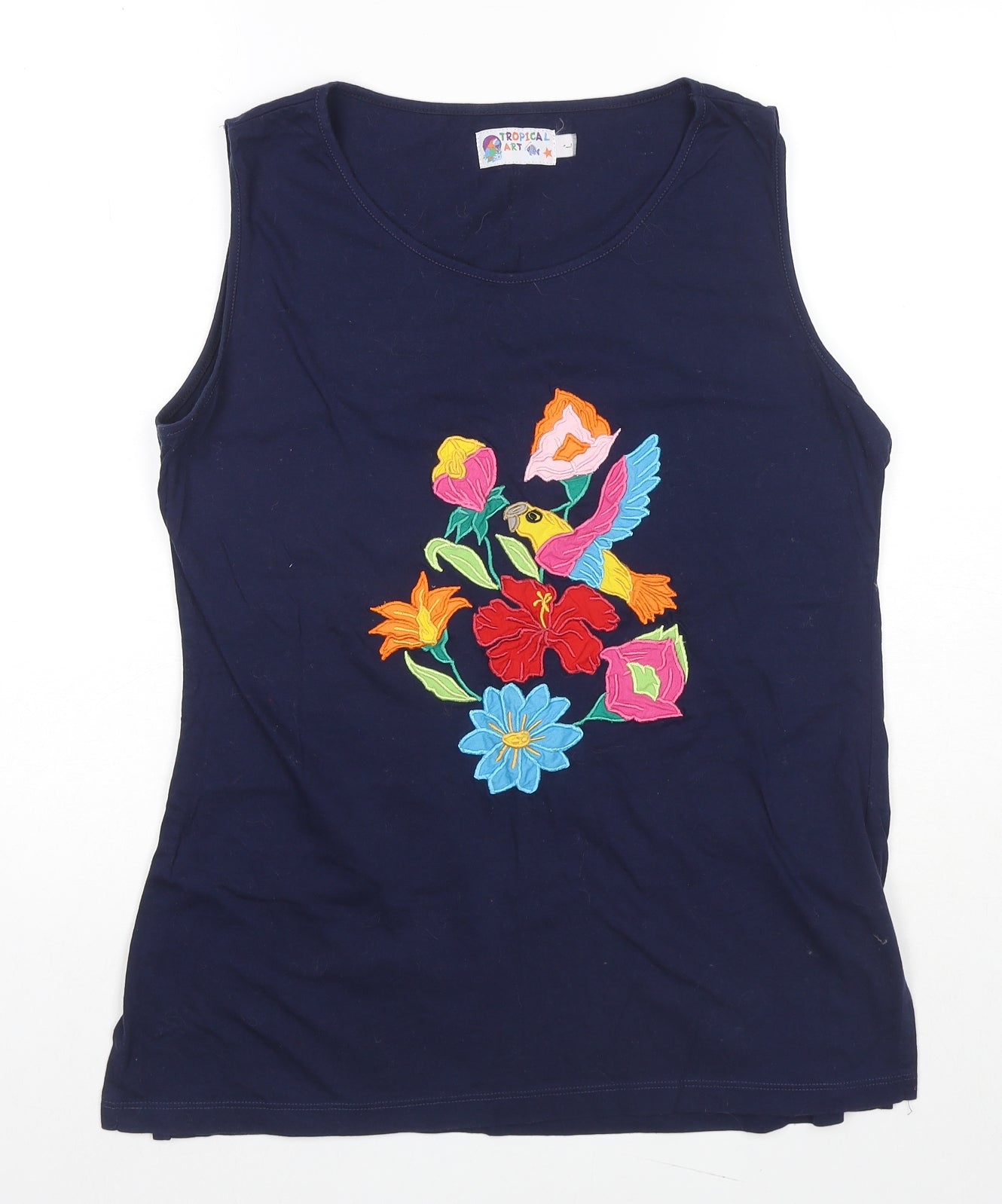 Tropical Art Womens Blue Cotton Basic Tank Size L Round Neck - Flowers