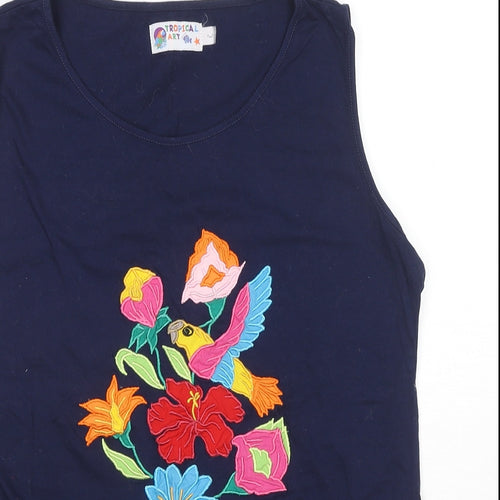 Tropical Art Womens Blue Cotton Basic Tank Size L Round Neck - Flowers