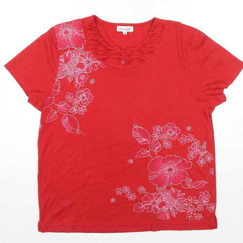 Fay Louise Womens Red Cotton Basic Blouse Size M Round Neck - Flowers Beaded Detail