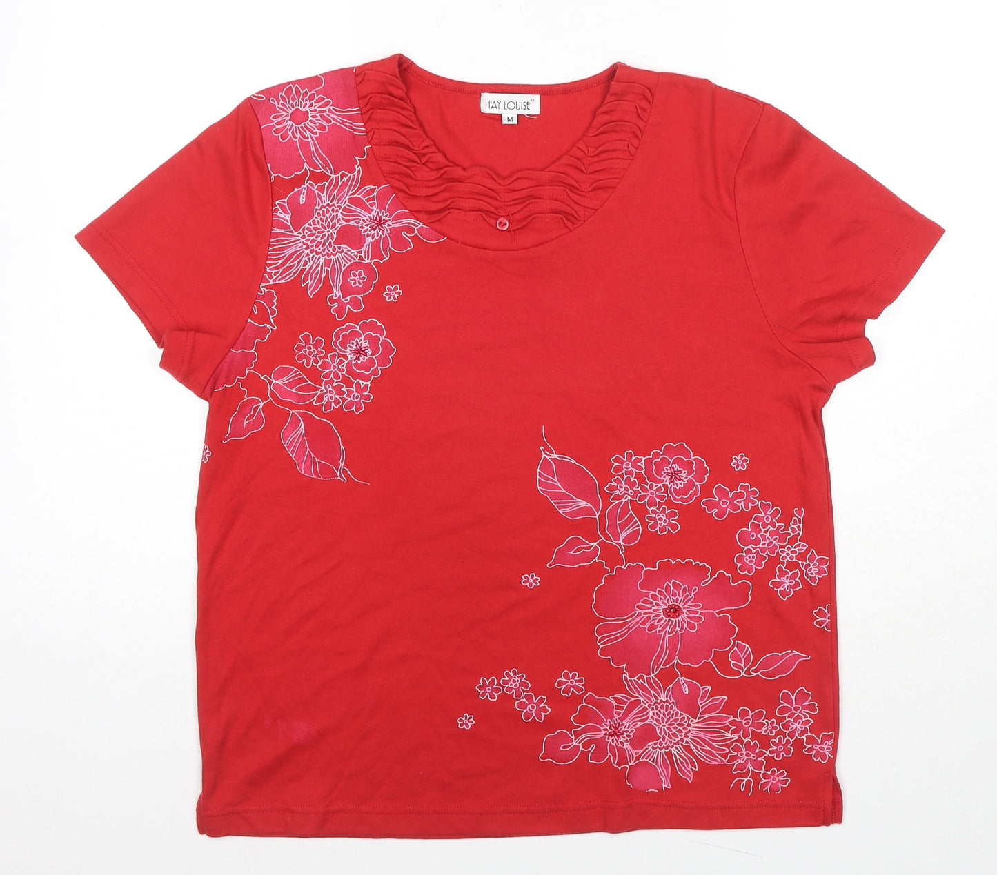 Fay Louise Womens Red Cotton Basic Blouse Size M Round Neck - Flowers Beaded Detail